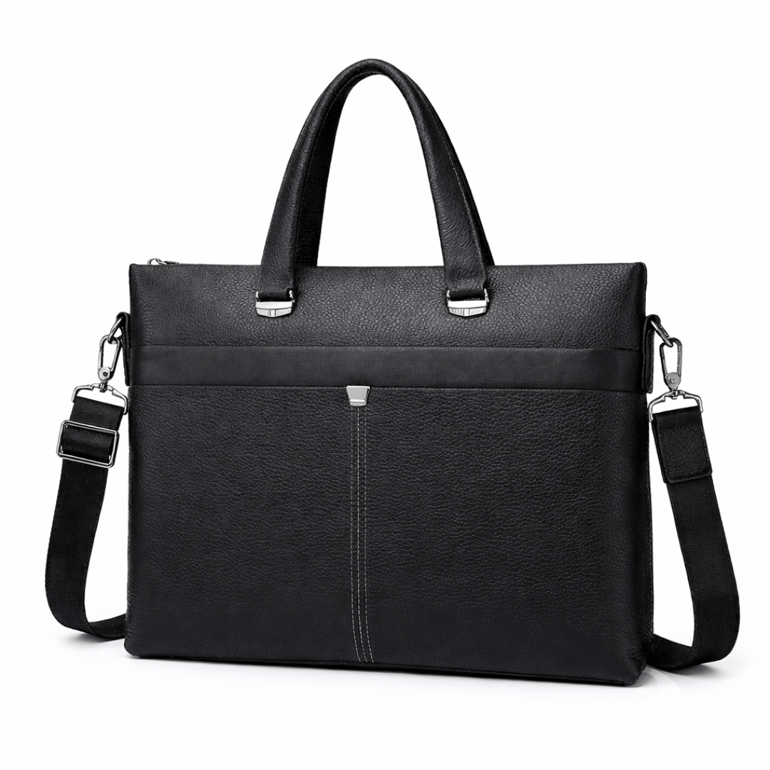 Zwarte leren laptoptas met schouderriem, vooraanzicht