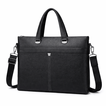Zwarte leren laptoptas met schouderriem, vooraanzicht