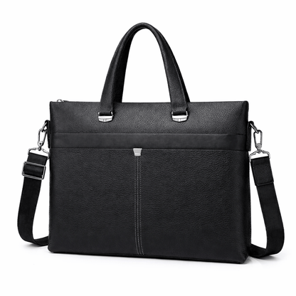 Zwarte leren laptoptas met schouderriem, vooraanzicht