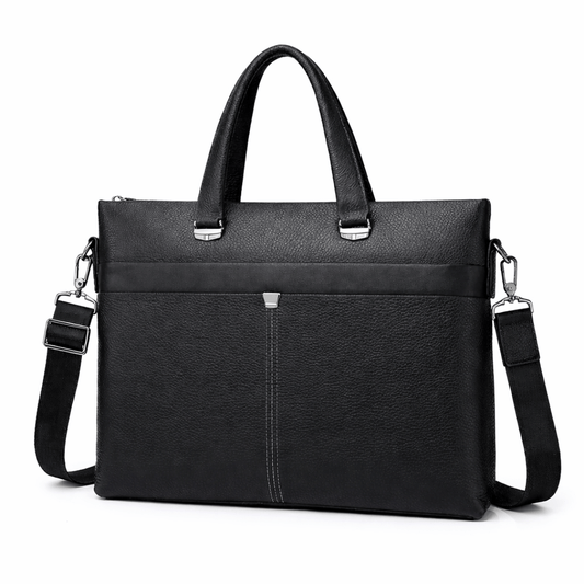 Zwarte leren laptoptas met schouderriem, vooraanzicht